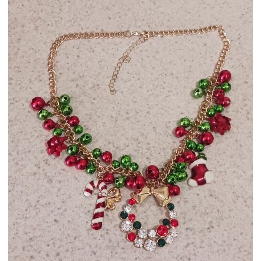 Christmas Jingle Bell Necklace Women Statement Chunky Charms Stones